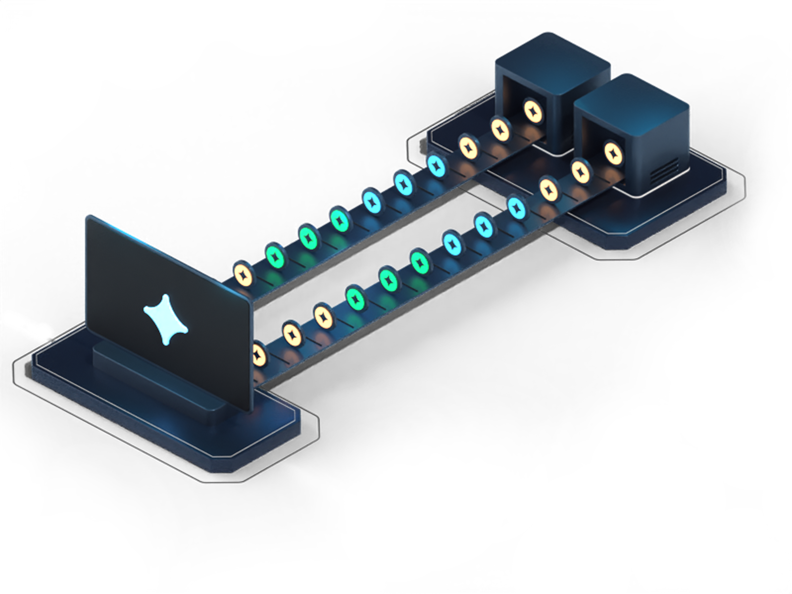Illustration of data flowing bidirectionally between a single screen and two server-like boxes.