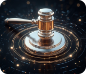 A judge's gavel resting on a circular platform with digital technology elements around it.