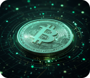 Silver Bitcoin on digital circuit board with glowing green lights symbolizing cryptocurrency.